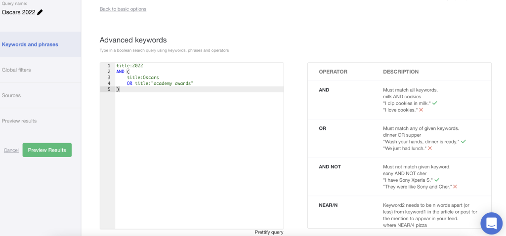 Boolean operators in media monitoring tool