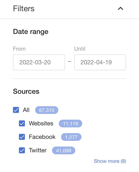 Search results in media monitoring tool for crisis management