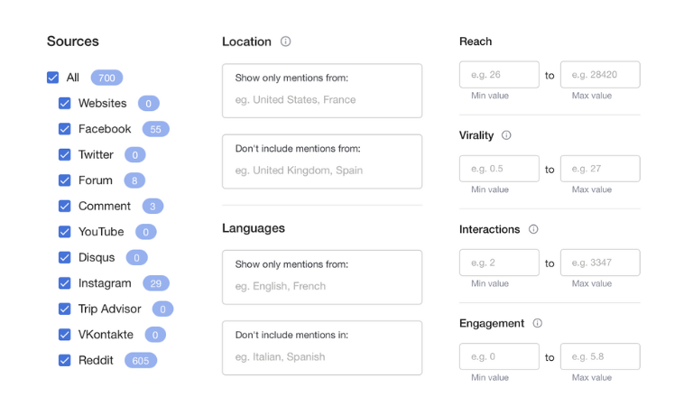 How to filter mentions by sources, location and reach in Mediatoolkit