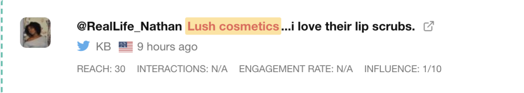 an example of lush cosmetics mentions tracked by media monitoring tool mediatoolkit