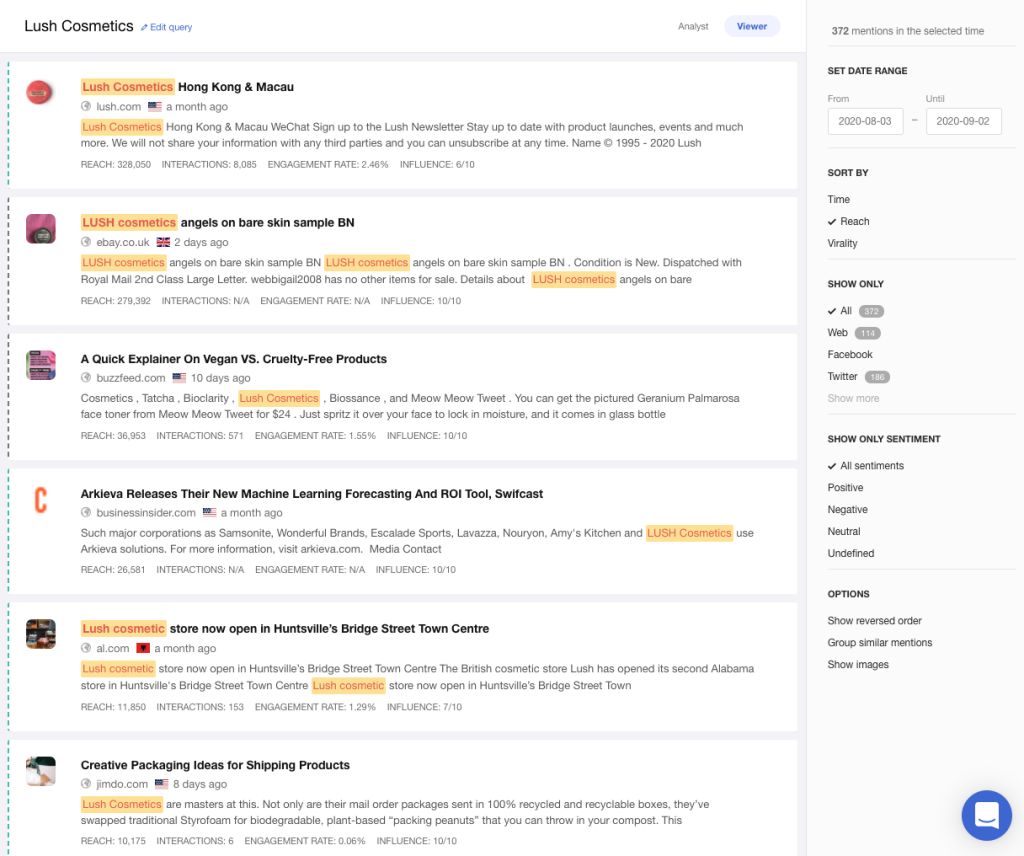 a screenshot of a feed filled with mentions of 'lush cosmetics' tracked by mediatoolkit, a media monitoring and social listening tool