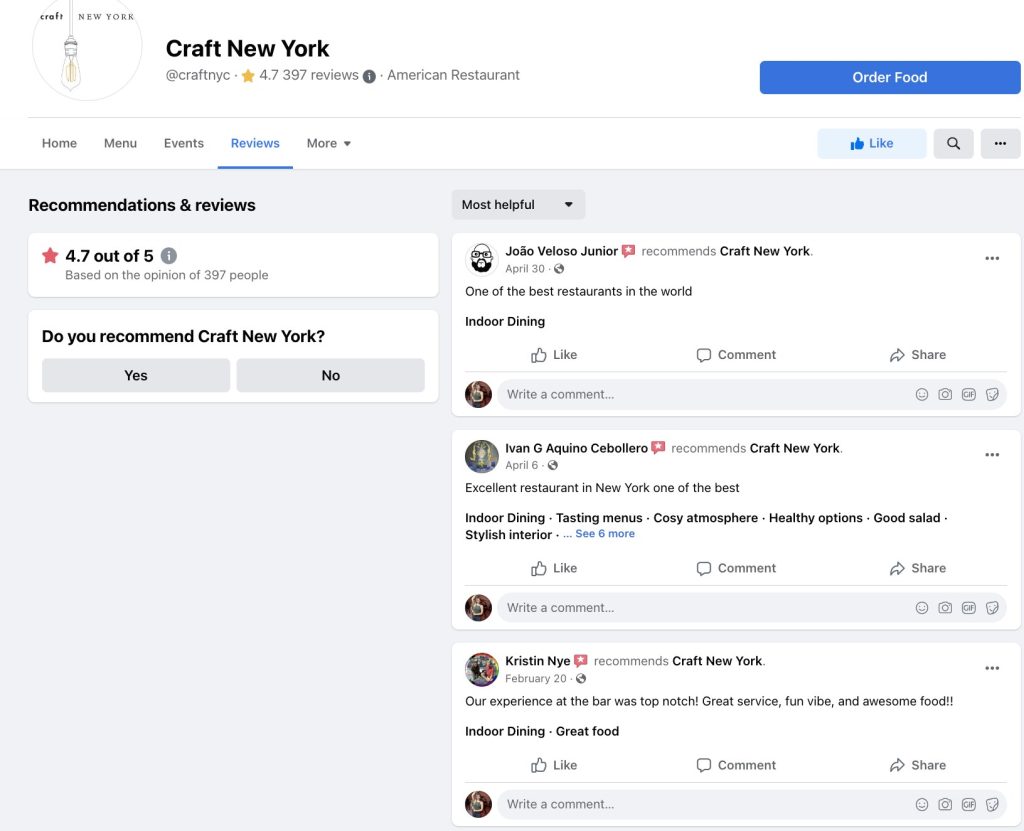 example of customer reviews at craft new york