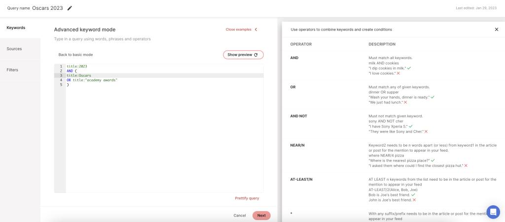 advanced query setup in determ